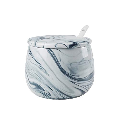 Sugar Bowl Ceramic Black White Marble Sugar Bowl with Lid and Spoon for Home and Kitchen