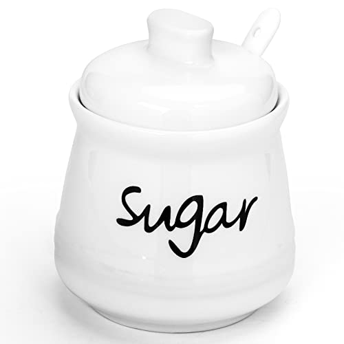 Swetwiny Porcelain Sugar Bowl with Lid and Spoon 12 Ounces Ceramic Sugar Jar Sugar Dispenser Sugar Container for Home and Kitchen Decor (White)