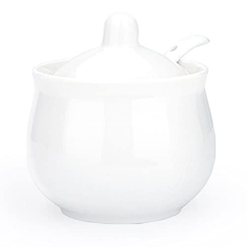 Swetwiny Porcelain Sugar Bowl with Lid and Spoon Ceramic Salt Storage Jar White Seasoning Container for Home and Kitchen 7 Ounces (White)