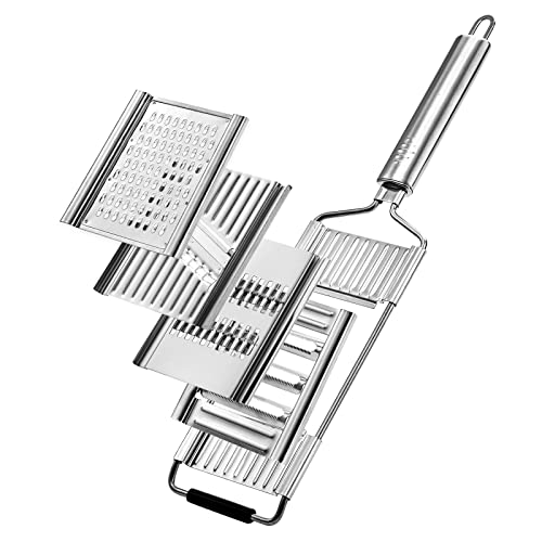 Frcctre MultiPurpose Vegetable Slicer Cheese Grater Stainless Steel Cutter Chopper with 4 Adjustable Blades Handheld Kitchen Tool for Cheese Potato Cucumber Lemon Fruits Vegetables