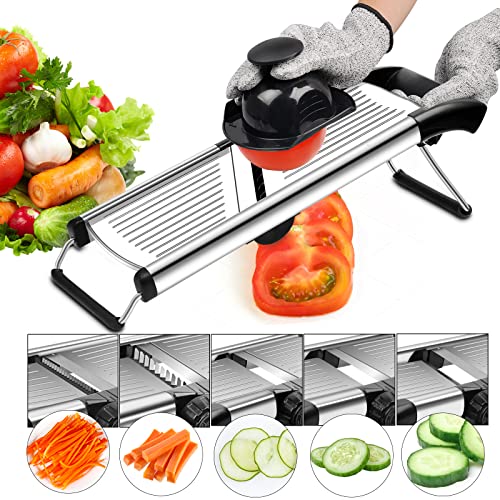 Mandoline Slicer for Kitchen Adjustable Vegetable Slicer5 Sets of Blades Sliced and ShreddedVegetable Chopper Cutter for OnionPotato Cheese etc，with CutResistant Gloves