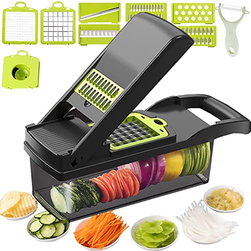 Vegetable Chopper Mandoline Slicer Cutter Chopper 12 in 1 Veggie Chopper Interchangeable Blades with Colander Basket and Container by GIB Cleaningtool