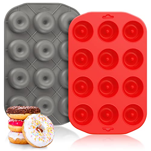 2 Pieces 12 Holes Silicone Donut Pan Large NonStick Doughnut Baking Molds Heat Resistance Reusable Bagel Mold Tray for 12 FullSize Donuts Cake Biscuit Bagels Muffins (Red Grey)