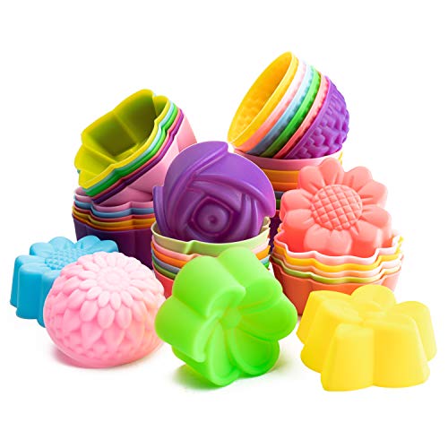 R HORSE 42Pcs Silicone Molds Cupcake Multi Flower Shapes Silicone Baking Cups Molds NonStick Donut Wrapper Molds Washable Muffin Molds Washable for Pan Oven Microwave Dishwasher (2 x 08 Inch)