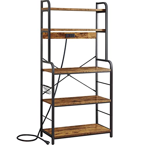 SUPERJARE Kitchen Bakers Rack with Power Outlet 65 H 5Tier Microwave Stand with Storage 315W Kitchen Shelf Organizer Coffee Bar Table Station 6 Side Hooks Metal Frame  Rustic Brown
