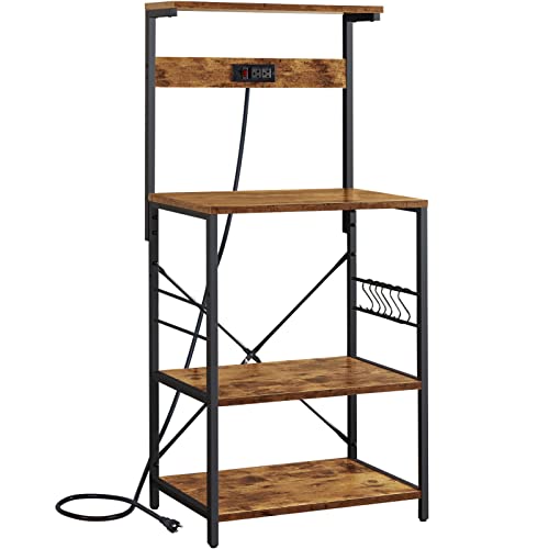 SUPERJARE Kitchen Bakers Rack with Power Outlet Coffee Bar Table 4 Tiers Kitchen Microwave Stand with 6 SShaped Hooks Kitchen Storage Shelf Rack for Spices Pots and Pans  Rustic Brown