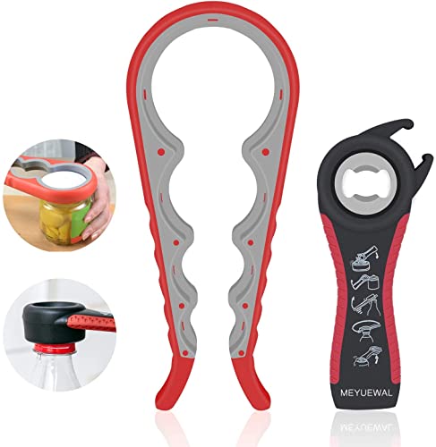 Jar Opener 5 in 1 Multi Function Can Opener Bottle Opener Kit with Silicone Handle Easy to Use for Children Elderly and Arthritis Sufferers (Apple Red）