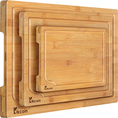 Bamboo Cutting Board 3Piece Kitchen Chopping Board with Juice Groove and Handles Heavy Duty Serving Tray Wood Butcher Block and Wooden Carving BoardLargeKikcoin
