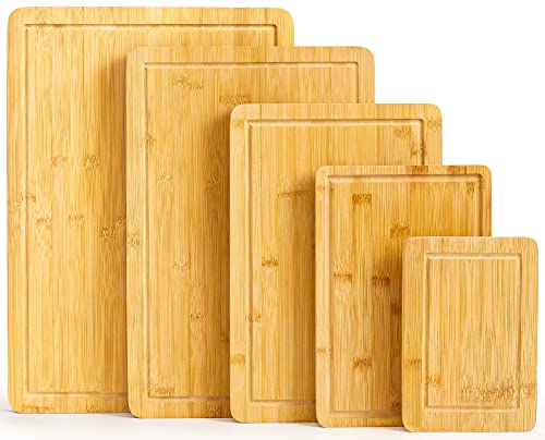 Bamboo Cutting Board Set Wood Cutting Boards for Kitchen Chopping Board Set with Juice Groove Heavy Duty Charcuterie Boards for Meat (Butcher Block) Cheese Large Cutting Boards (5Pieces)