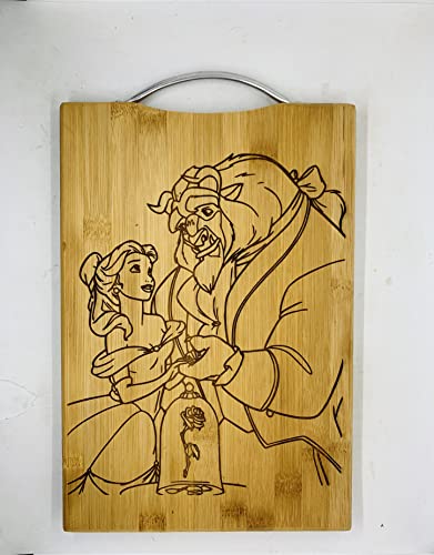 Cartoon Engraved Cutting Boards  Custom Chopping Block with Metal Handle for Kitchen  Bamboo Wood with LaserEngraved Design  Wedding Anniversary  12x9x067 (Princess and Beast Rose Beauty)