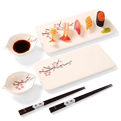 Japanese sushi plate set  10inch rectangle ceramic sushi dishes sushi set with 2 japanese dishes and 2 dipping dishes and 2 pairs of chopsticks sushi serving set for 2
