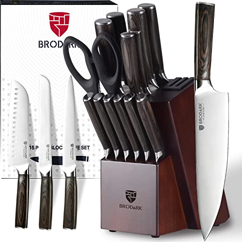BRODARK Kitchen Knife Set with Block Ultra Sharp 15 PCS German Stainless Steel Professional Chef Knife Set with 2 Stage Knife Sharpener Ergonomic Handle Full Tang Forged Gift with Premium Box