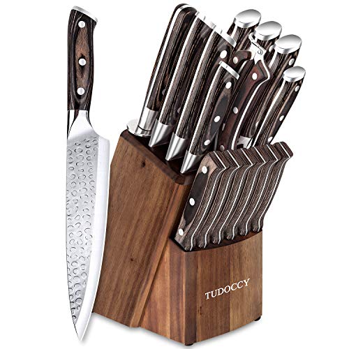 Kitchen Knife Set 16Piece Knife Set with Builtin Sharpener and Wooden Block Precious Wengewood Handle for Chef Knife Set German Stainless Steel Knife Block Set Ultra Sharp Full Tang Forged
