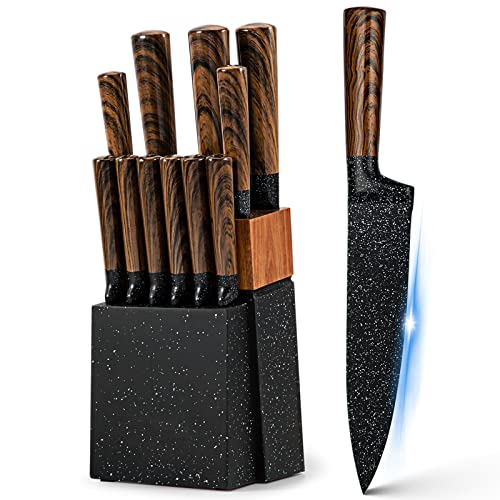 Knife Set12Piece Kitchen Knife Set with Wooden BlockProfessional Chef Knife Sets with steak knivesHigh Carbon German Stainless Steel Knife with Japanese Designed Wooden Pattern Stainless Handle
