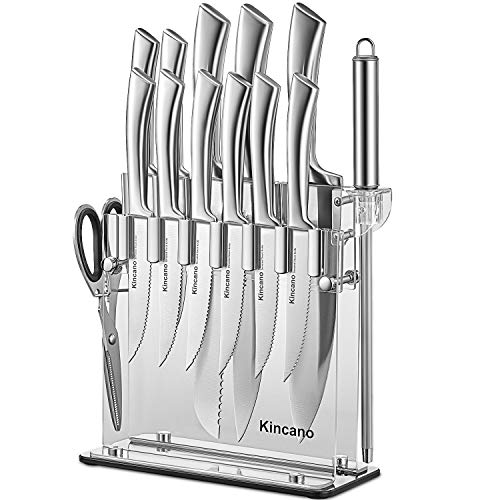 Knife Set 14 PCS High Carbon Stainless Steel Kitchen Knife Set for Chef Super Sharp Knife Set with Acrylic Stand include Steak Knives Sharpener and Scissors Ergonomical Design by kincano