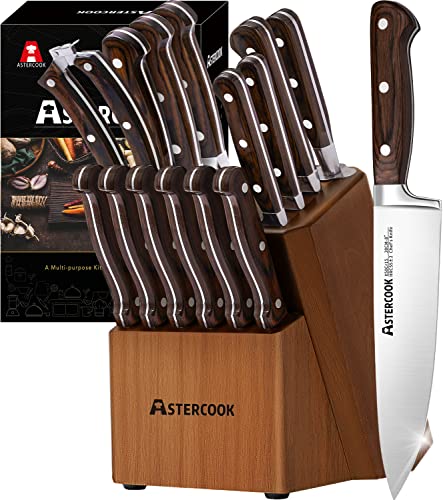 Knife Set 15 Pcs Kitchen Knife Set With Block Astercook German Stainless Steel With Scissors Knife Sharpener and 6 Serrated Steak Knives