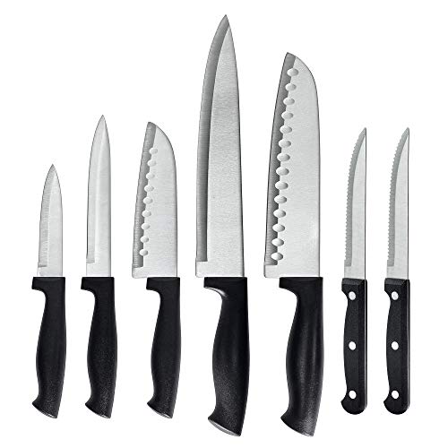 dearithe Black 7 Piece Chef Knife Set Dishwasher Safe  Professional High carbon Stainless Steel Knife Block Set 5 Sharp Kitchen Knives Set Plus 2 Steak Knives