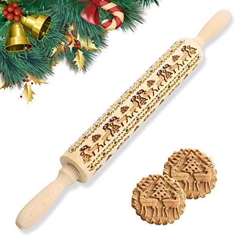 Embossed Wooden Rolling Pin Engraved Embossing Rolling Pins with Christmas Elk Deer Pattern for Baking Cookies Kitchen DIY Tool for Kids Adults (43cm169inch)