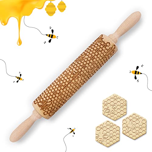 Embossed Wooden Rolling Pin Honeycomb Cookie Decorating Supplies Engraved Embossing Rolling Pin 3D Bee Pattern for Baking Cookies Christmas Holiday Housewarming Gift Kitchen Tool for Kids and Adults