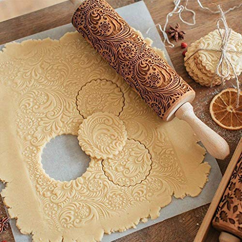 Embossed Wooden Rolling Pin Natural Wood Carved Engraved Rolling Pin with Christmas Snowflake Flower Pattern for Baking Embossed Cookies Cute Kitchen Tool for Kids and Adults