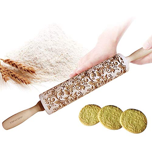 Embossing Rolling Pin Flower Pattern Wooden Laser Engraved Embossed Printing Rolling Pin DIY Tool for Homemade or Christmas Cookies