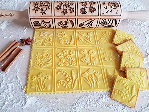 SPRING FLOWERS Embossing Rolling Pin with 16 Different Flowers in Squares Dough Roller for Embossed Cookies and Potery by Algis Crafts