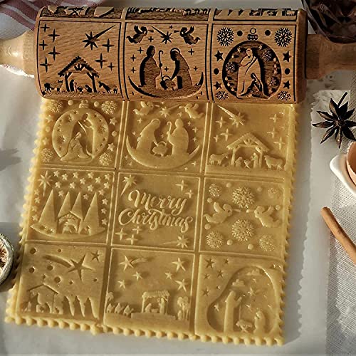 XINBADA Nativity Rolling Pin Christmas Pattern Xmas Wooden 3D Springerle Engraved Embossing with Jesus 9 Different Scene Design for Baking Cookies