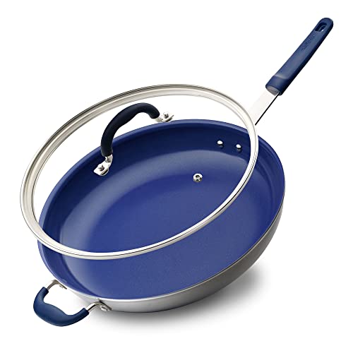 14 Fry Pan With Lid  Extra Large Skillet Nonstick Frying Pan with Silicone Handle Ceramic Coating Blue Silicone Handle StainResistant And Easy To Clean Professional Home Cookware