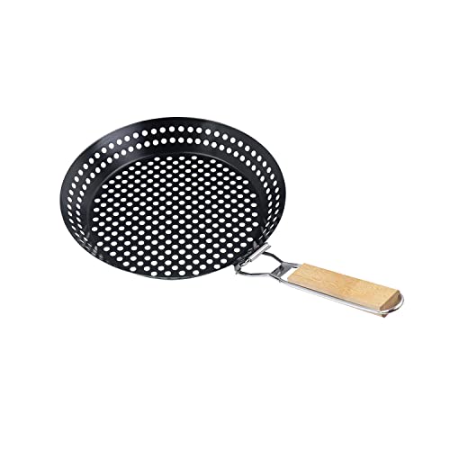 BTCDR Grill Pan with Holes Nonstick Grill Skillet with Wooden Foldable Handle Heavy Duty Grill Basket for Outdoor Barbecue 12