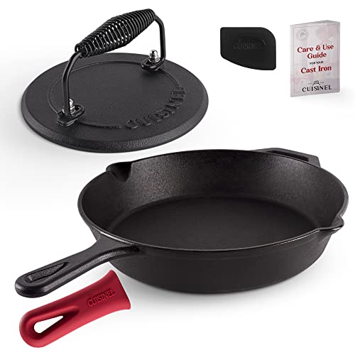 Cast Iron Skillet  Grill Press  Scraper Set  12inch PreSeasoned Frying Pan  Silicone Handle Grip  7 Round Burger Smasher  IndoorOutdoor Stove Oven Grill Induction Safe Kitchen Cookware