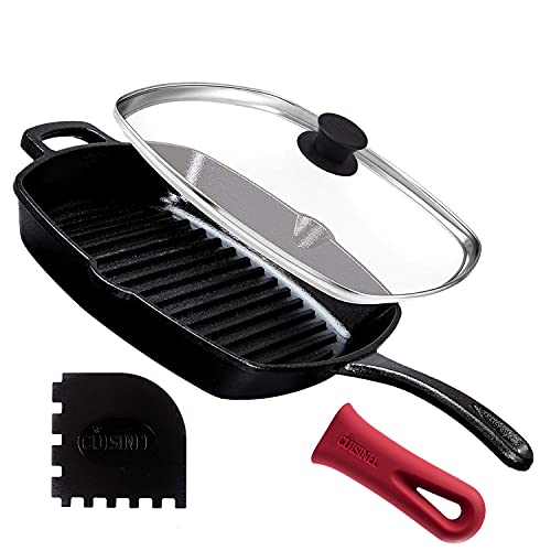 Cast Iron Square Grill Pan with Glass Lid  105 Inch PreSeasoned Skillet with Handle Cover and Pan Scraper  Grill Stovetop Induction Safe  Indoor and Outdoor Use  for Grilling Frying Sauteing