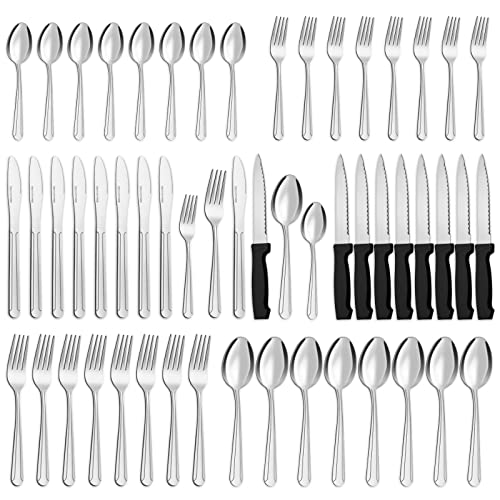 BEWOS 48 Pieces Silverware Set for 8 Stainless Steel Flatware Sets Silverware Set with Steak Knives Cutlery Sets Mirror Polished Tableware Sets for Home Kitchen Restaurant Hotel Dishwasher Safe