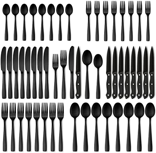 Hiware 48Piece Matte Black Silverware Set with Steak Knives Black Flatware Set for 8 Stainless Steel Tableware Cutlery Set Utensil Sets for Kitchen Hand Wash Recommended