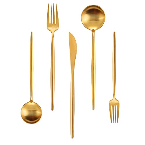 Matte Gold Silverware Set IBIILII JEFF 40 Pieces Stainless Steel Flatware Set，Kitchen Utensil Set Tableware Cutlery Set Knife Spoons And Forks Set Satin Finished Polished  Dishwasher Safe