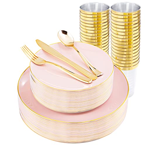 LIYH 180pcs Pink Plastic Plates  Gold Plastic Dinnerware SetInclude 30 Dinner Plastic Plates30 Pink Dessert Plates30 Forks30 Knives30 SpoonsPerfect For WeddingParties