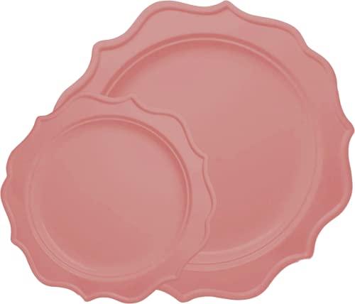 Tiger Chef 96Pack Pink Color Round Scalloped Rim Disposable Plastic Plate Set for 48 Guests Includes 48 10Inch Dinner Plates 48 8Inch Salad Plates  BPAFree