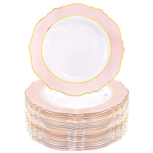WDF 60pcs Pink Plastic Plates Baroque Pink Gold Disposable Dinner Plates for Upscale Parties WeddingSpecial for Wedding Party Mothers Day