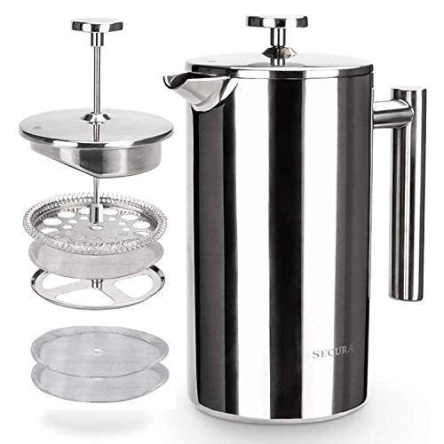 Secura French Press Coffee Maker 304 Grade Stainless Steel Insulated Coffee Press with 2 Extra Screens 34oz (1 Litre) Silver