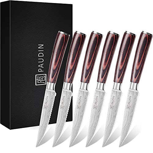 PAUDIN Steak Knives Set of 6 Kitchen Steak Knife 45 Inch High Carbon Stainless Steel Steak Knives Serrated Steak Knife with Pakkawood Handles Dinner Knives with Gift Box