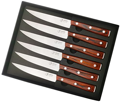 Premium Steak Knives Set of 6 in Gift Box  Polished Wood Handle  HC German Stainless Steel Straight Edge Non Serrated  48Dinner Knife Kitchen Tableware Knives Cutlery Set UMOGI