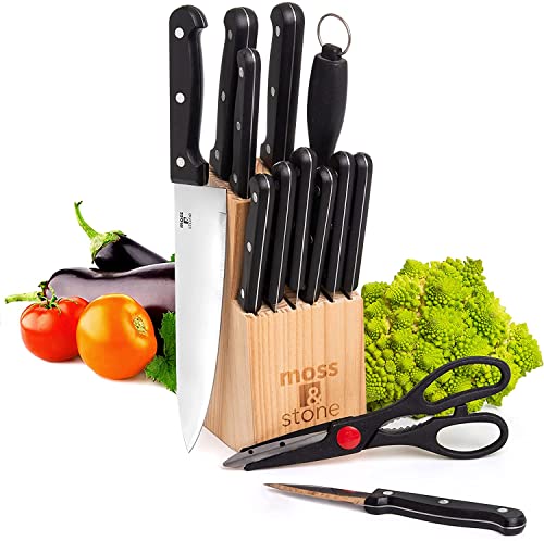 Stainless Steel Serrated Knife Set  Kitchen knives Set With HighCarbon Stainless Steel Blades And Wooden Block Set  Cutlery Knife Set  Kitchen Set By Moss  Stone (14 Piece)