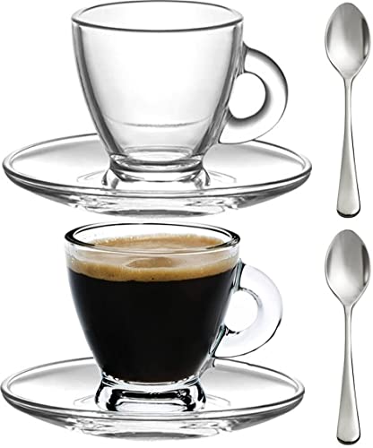 Espresso Cups 32Ounce Small Demitasse Clear Glass Espresso Drinkware Set Of 2 Cups Saucers and Stainless Steel mini Spoons Hostess Coffee LoverEnthusiast