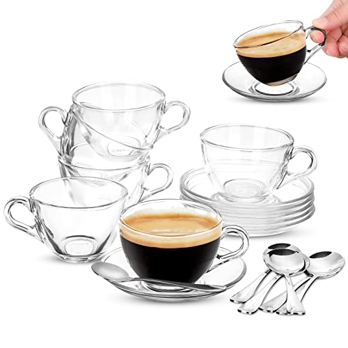 Espresso Cups Small Demitasse Clear Glass Espresso Drinkware Demitasse Cups Espresso Cups with Saucers Set Tea Cup and Saucer Set of 6 with Stainless Steel Mini Spoon for Hostess Coffee Lover (34 oz)