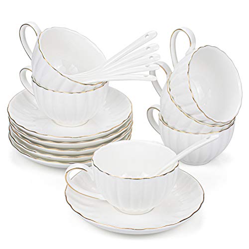Hedume 18 PCS Tea Cup Set 5oz Espresso Cups with Saucers and Spoons Cappuccino Cups with Gold Trim British Coffee Cups for Specialty Coffee Drinks Latte Cafe Mocha and Tea
