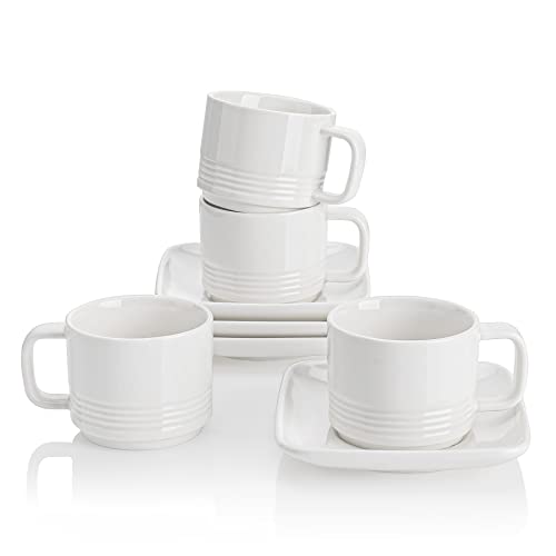 Sweese 429401 Porcelain Espresso Cups with Saucers Square Demitasse Cups  34 Ounce  Set of 4 White
