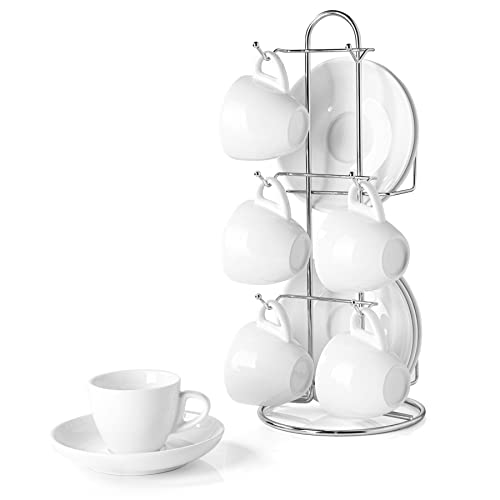 Sweese 431001 Porcelain Espresso Cups with Saucers and Metal Stand  2 Ounce  Set of 6 White