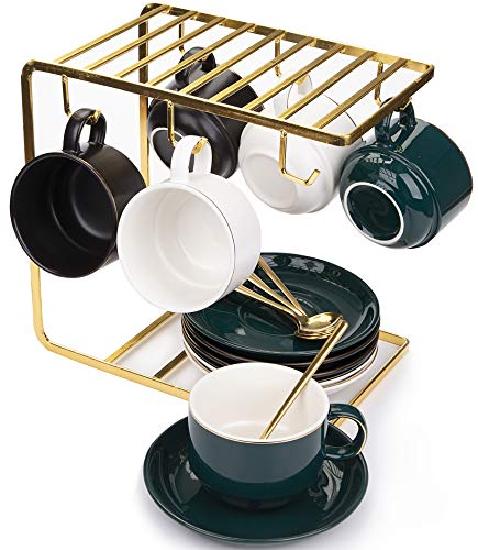 Yesland Porcelain Espresso Cups with Saucers and Metal Stand Set of 6 8 oz Ounce Royal Tea CupsCappuccino Cups with Gold Trim and Gift Box for Tea Party(White Green  Black)