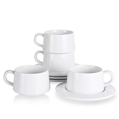 Kanwone Porcelain Stackable Cappuccino Cups with Saucers  8 Ounce for Specialty Coffee Drinks Cappuccino Latte Americano and Tea  Set of 4 White
