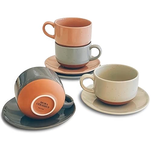 Mora Ceramics 8oz Cappuccino Mug Set of 4  Ceramic Coffee Cups with Saucers  Microwave and Dishwasher Safe Perfect For Tea Espresso Latte  Porcelain Mugs for Kitchen or Cafe  Assorted Neutrals