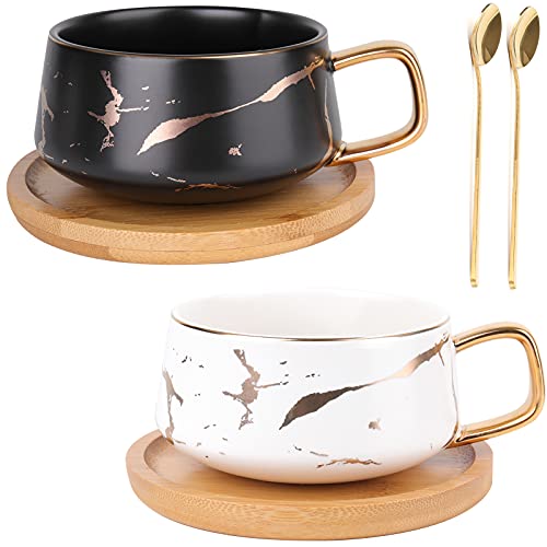 Peohud 2 Pack Ceramic Tea Coffee Cup 10 OZ Coffee Mug with 304 Stainless Steel Spoon and Bamboo Saucer Marble Espresso Cups for Latte Cappuccino Americano White and Black